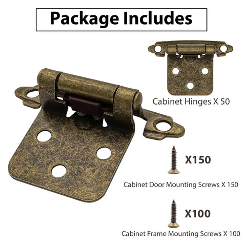 1/2 Inch Overlay Cabinet Door Hinges Featuring Durable Antique Brass Coating And Smooth Self Closing Action, close-up of package contents.