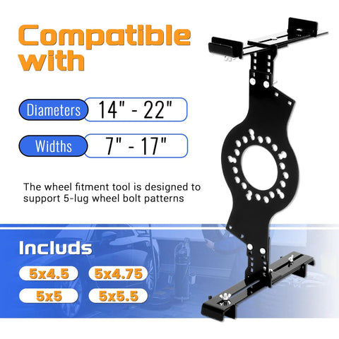 Heavy Duty Wheel Fitment Simulator And Rim Size Mockup Tool Covers 14 To 22 Inch Diameters, showing compatibility with bolt patterns.