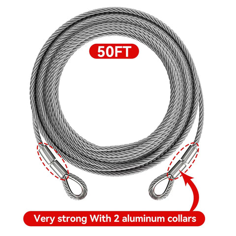 Beefy Heavy Duty Tow Cable With 2 Pick Thimble Eyes, 3/8 Inch 7x19 Steel Cable, 13980 Lbs Breaking Strength, 50 Feet, Corrosion Resistant