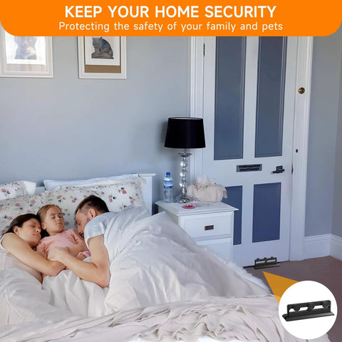 Bedroom scene with a Heavy Duty Door Security Bar For Home Protection, Adjustable Three Knobs Brace Barricade installed on the door.