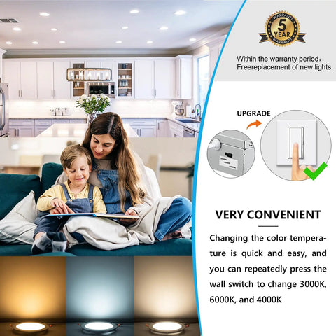 Diagram showing features of 8 Inch LED Recessed Light With Junction Box 6 Pack Switchable Color Temperature Warm To Cool Aluminum Construction UL Listed Durable Easy Install Recessed Lighting Kit For Ceilings, with a woman and child on a couch.