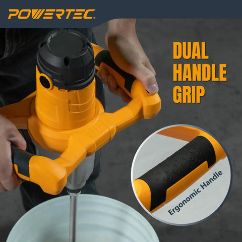 Close-up of Electric Mortar Mixer Dual Handheld Design 1600W High Torque Two Speed Gearbox in use with ergonomic handle detail