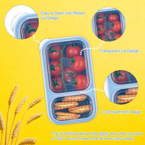Blue two compartment reusable snack container with lid, holding tomatoes and pretzels. Made from wheat straw, eco-friendly.