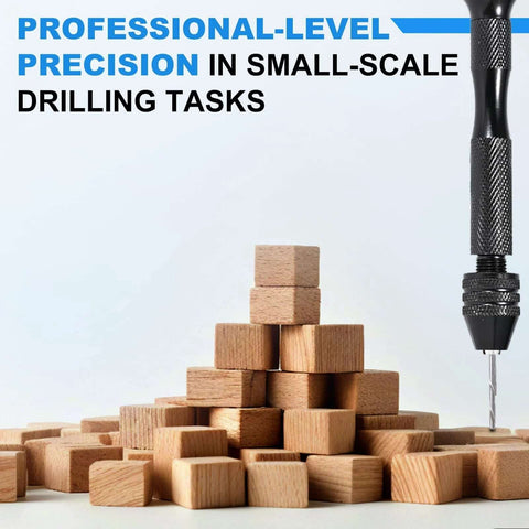 Side view of a pin vise hand drill with a micro drill bit beside a pile of wooden cubes.
