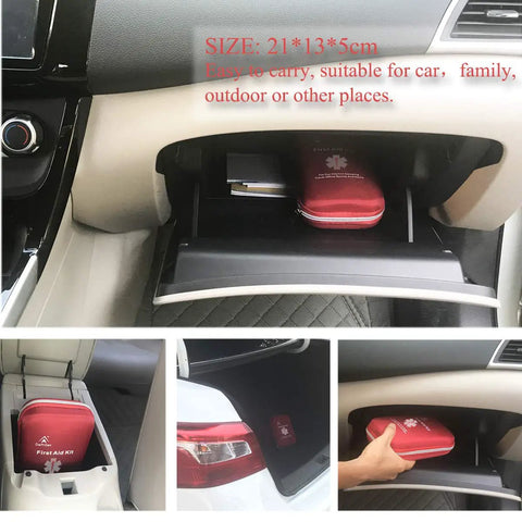 163 Piece Waterproof First Aid Kit IFAK MOLLE System in red pouch stored in car compartment and trunk for emergency use