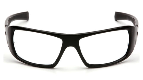 Straight Up Reliable Goliath Safety Glasses Featuring Clear Polycarbonate Lenses And Slick Co Injected Rubber Temples That Offer A Tight Fit For Smaller Faces While Meeting Ansi Standards For Heavy Duty Eye Protection, front view.