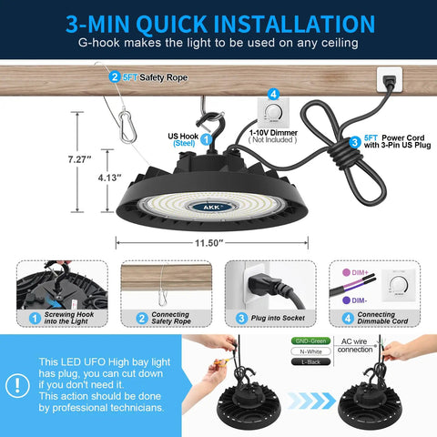 Tunable 150W 180W 200W UFO LED High Bay Light With 30,000 Lumens, 3 Color Switchable, Dimmable installation diagram.
