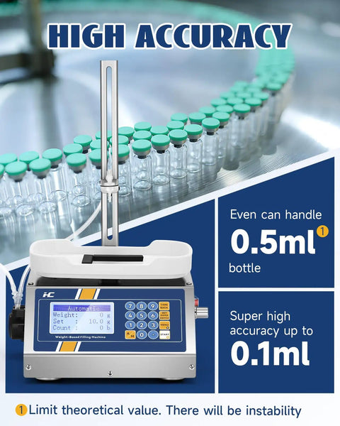 No Hassle Auto Fill Peristaltic Pump Liquid Filling Machine For 1-50 Ml Bottles Digital Scale Dispenser screen and vials.