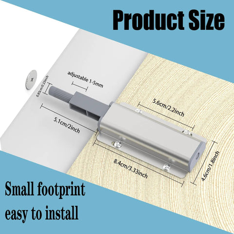 Sturdy Magnetic Push To Open Latch Brings Handle Free Cabinet Hardware With A Darn Slick Touch Release Designed For Kitchen Drawers Closets And Wardrobes Totally Bulletproof Two Pack Kit shown with size dimensions on wood surface.