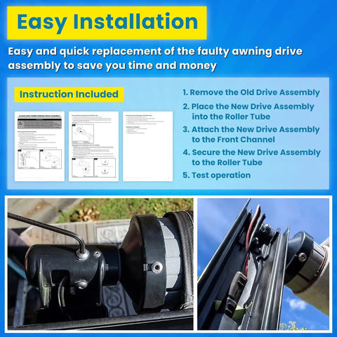 Installation instructions for Rock Solid Right Hand Torsion Assembly For Power Patio RV Awning Motor 12V DC with diagram.