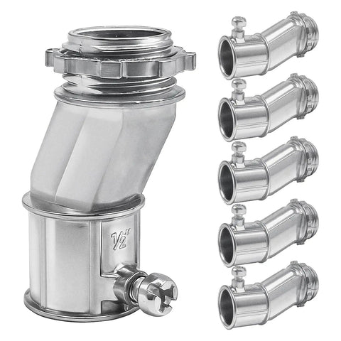 Heavy Duty Zinc Alloy Conduit Adapters With Smart Offset Design For Tricky Tight Spaces Hustle Free Solo Install Slick Half Inch To Half Inch Wire Routing Pack Of Six, showing a half inch zinc conduit connector set.
