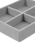 Prime Velvet Jewelry Organizer Tray With Four Grid Sections Stackable Display Holder for watches, bracelets, rings, gray plush material.