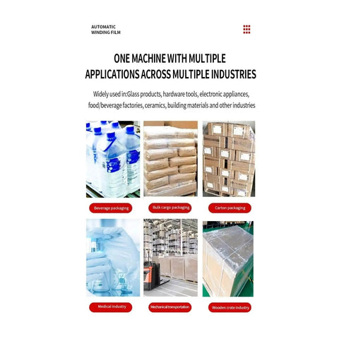 Image showcasing multiple applications of the Automatic Pallet Stretch Wrapping Machine With Advanced Plc Interface in various industries.