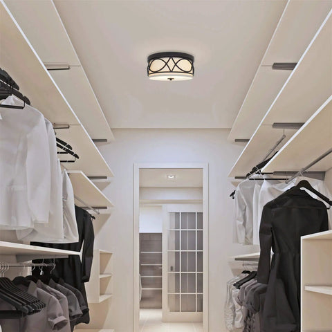 Super Sleek Modern 13 Inch Two Light Flush Mount Ceiling Light with metal drum shade in a closet, oil rubbed bronze finish