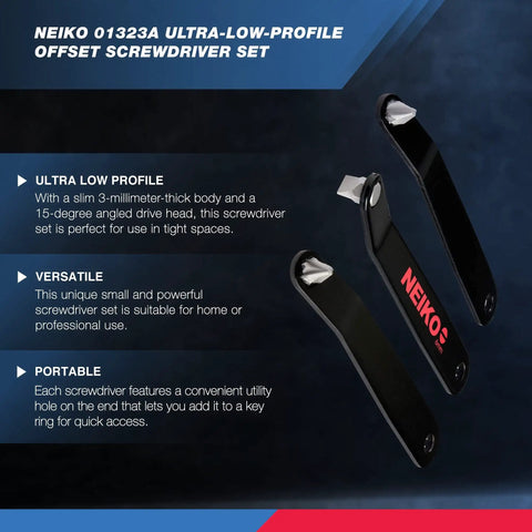 Ultra Low Profile Offset Screwdriver Set, 5 Piece S2 Steel With Phillips Pozidriv And Slotted Bits on dark background