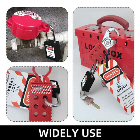 Solid As A Rock Five Piece Keyed Different Lockout Tagout Safety Padlock Set Black OSHA Approved Pads, padlocks in use on pipes.