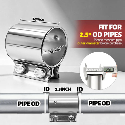 Top Shelf 2.5 Inch Exhaust Clamp And Muffler Sleeve Coupler Forged From Tough As Nails 304 Stainless Steel to fix pipe joints, showing dimensions.