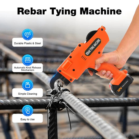 Person using Electric Rebar Tier Gun 8mm To 34mm Automatic Tying Tool For Reinforcing Bar Pro Grade Lightweight Cordless Rebar Tying Machine With 12V Battery Easy One Hand Operation Orange on steel bars.