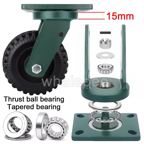 Heavy Duty Industrial Casters 6 And 8 Inch Set Of 4 Rock Solid Swivel Units With Heavy Locking Brakes Solid Rubber Wheels showing wheel, bearings, and mount details.