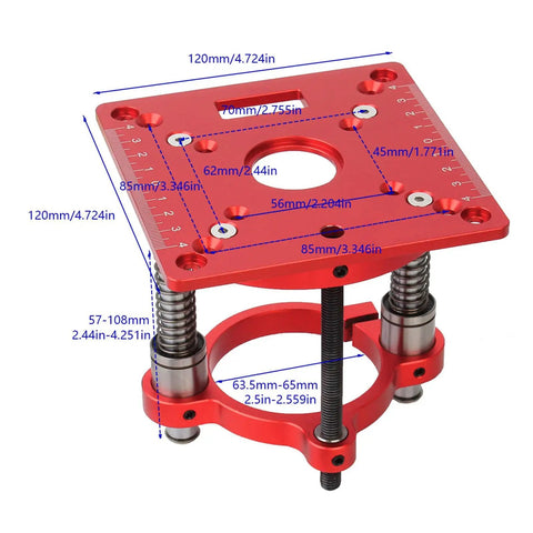 Heavy Duty Aluminum Router Table Lift System With Circle Clamping For 63.5 To 65mm Milling Machines CNC Precision Finished And Anodized For Ultra Smooth Precise Woodworking Cuts In DIY Projects, red aluminum router lift with size markings