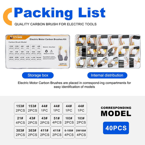 Pro Grade Electric Motor Carbon Brushes Set 40 Pcs By Size Ten Models Replacement Parts for power tools storage box