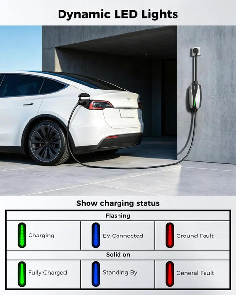 Portable Tesla Ev Charger Level 1 And Level 2 Etl Certified Dual Voltage Cable With 25 Foot Cord connected to a Tesla in a modern garage.