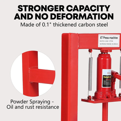 Badass Heavy Duty H Frame Hydraulic Shop Press With Killer 6 Ton Capacity showing thickened carbon steel construction and hydraulic jack