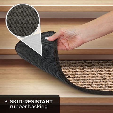 Hand holding skid-resistant carpet stair tread with rubber backing, showing texture of Skid-Resistant Carpet Stair Treads Set Of 15 In Black Ripple 8 By 27 Inches Non-Slip Rubber Backing Easy Install For Stairs Safe For Family And Pets Durable Non-Slip Stair Covers With Strong Grip