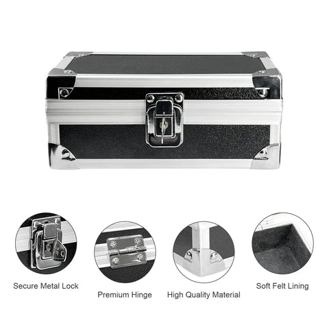 Front view of lockable cash box with key, aluminum alloy money safe with single row currency tray, featuring secure metal lock