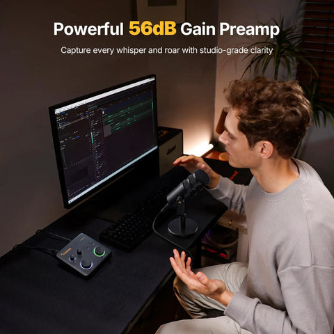 Person using USB Audio Interface With XLR Input, 24 Bit 192 kHz Recording, Loopback And ASIO Driver For PC, Dope Setup