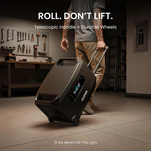 Person rolling Guardian 6000 V2 Portable Power Station 120V 240V Dual Voltage, 6000W Continuous Output, on wheels
