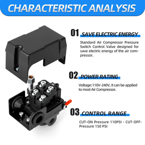 Air Compressor Pressure Switch Control Valve With Red On Off Switch For Real World Jobs 110 To 150 PSI 110V To 240V