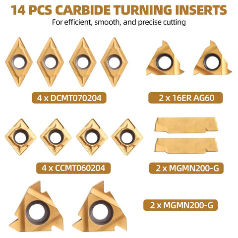 14 carbide turning inserts from 28 Piece Indexable Lathe Tool Set With 14 Carbide Inserts And 7 Half Inch Shank Tool Holders For Turning
