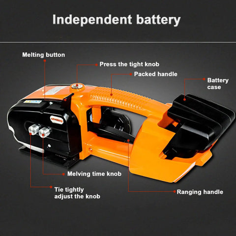 Slick Hand Held Electric Strapping Machine For Pp And Pet showing controls, melting button, and battery case.