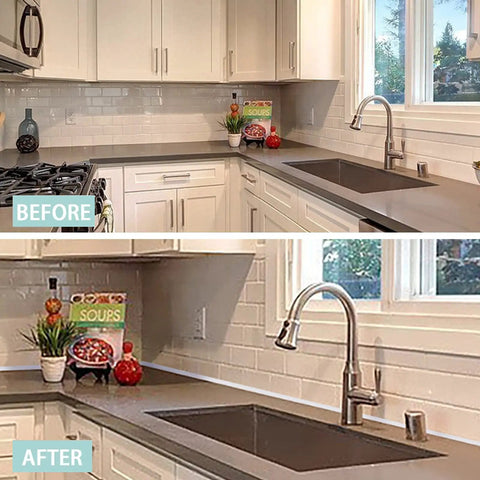 Kitchen countertop before and after Flexible Quarter Round Molding Trim 16.4 Ft Peel And Stick Self Adhesive White installation.