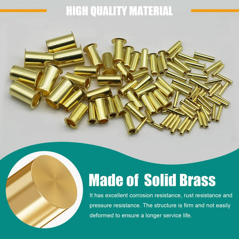 Front view of 100 brass compression inserts for 3/16 in tube OD, solid brass construction