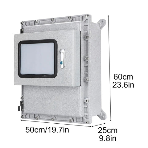 Front view of explosion-proof weatherproof aluminum electrical box with mounting plate and lock, 50×60×25 cm.
