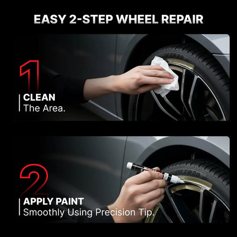Snatch These Bold Anthracite And Dark Gray Rim Touch Up Paint Pens For Hella Quick Wheel Scratch Repair On Alloy Rigs With Super Slick Matte Finish Restoration Perfect For Daily Drivers Seeking Easy Auto Exterior Care Solutions Without Breaking The Bank, showing cleaning and applying steps for wheel repair.
