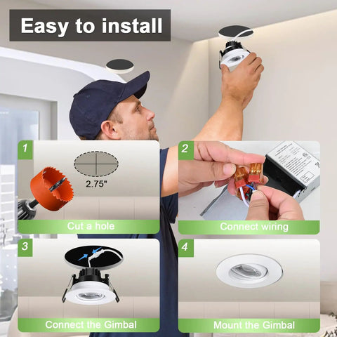 Installing Canless Recessed Gimbal Downlight 3 Inch Eyeball Spotlight With 5 CCTs, dimmable 8W, ceiling installation steps shown