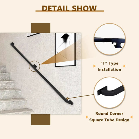 Modern Black Stair Railing Wall Mount Handrail Indoor Staircase Banister with T-type installation and round corner design.