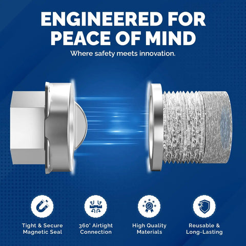 Magnetic Dryer Vent Connector Kit with quick install showing airtight magnetic seal and 2.6 ft duct, tight spaces use