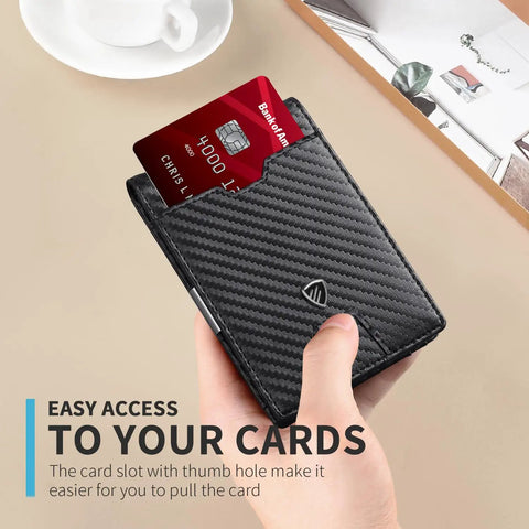 Ultra Slim RFID Blocking Wallet With Money Clip For Men Bifold Card Holder shown with a card being inserted