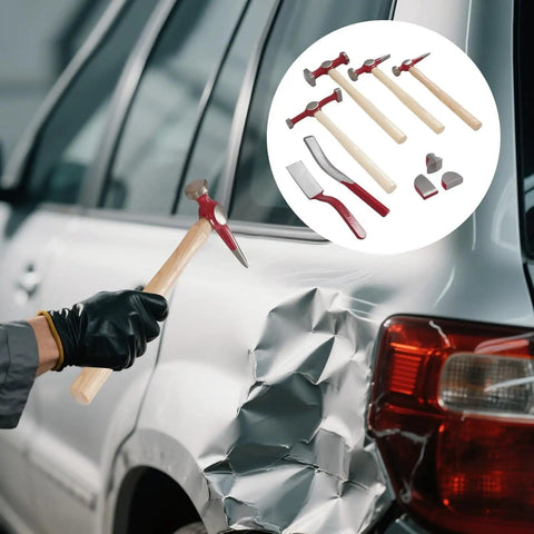 9 Piece Auto Body Repair Tool Kit With Hammer And Dolly Set For Dent Removal Includes Sheet Metal Puller And Toolbox For DIY Dent Repair And Door Dings Secure Grip And Easy Use shown in use on car dent
