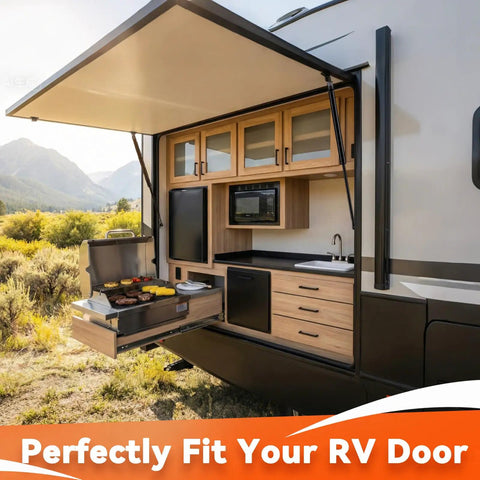 20 Inch 15 Lb RV Door Gas Struts Two Pack for Camper Motorhome Entry Doors Shock Absorbers SX200P15 12579 shown installed