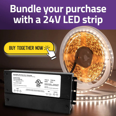 24V 96W Dimmable LED Driver with Smooth Flicker Free Dimming, LED strip roll and buy button, works with Lutron and Leviton dimmers.