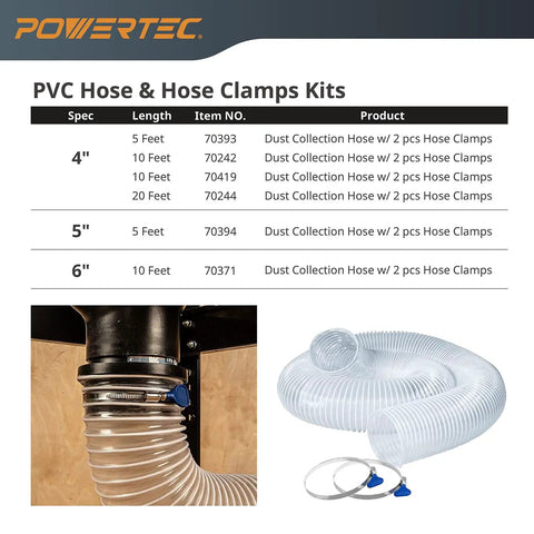 4-Inch By 20-Foot Flexible PVC Dust Collection Hose With Two Stainless Steel Key Hose Clamps displayed with size specifications