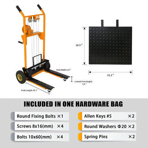 The Heavy Duty Manual Pallet Stacker Material Lift Winch Loader With 330 Lbs Capacity And Rubber Swivel Casters, includes hardware kit.