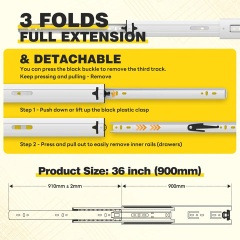 Beefy Heavy Duty Drawer Slides 36 inch full extension detail with detachable feature and size specifications