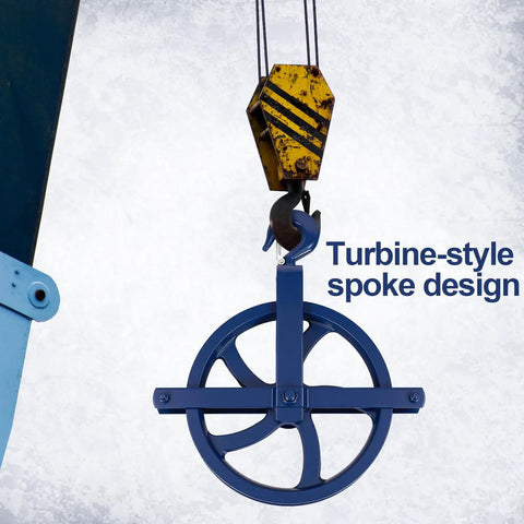 Heavy Duty Two Pack Scaffold Hoist Pulleys With Smooth Glide 12 Inch Solid Cast Iron Gin Wheels Rated 1000 Lbs, turbine-style spoke design.