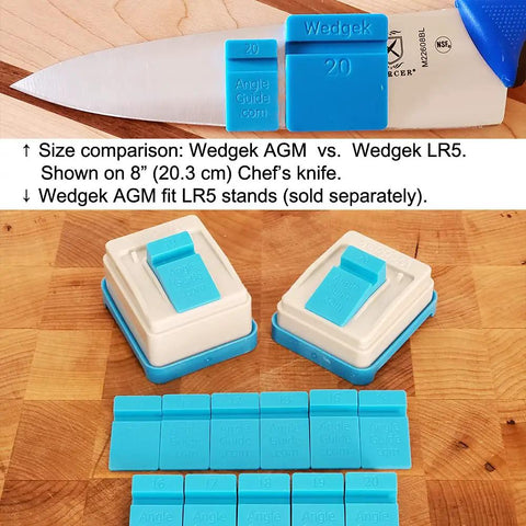 Pro Grade Knife Sharpening AGM Angle Wedges Set, Adjustable Jig Guides 10 to 20 Degrees Blue Plastic on knife blade